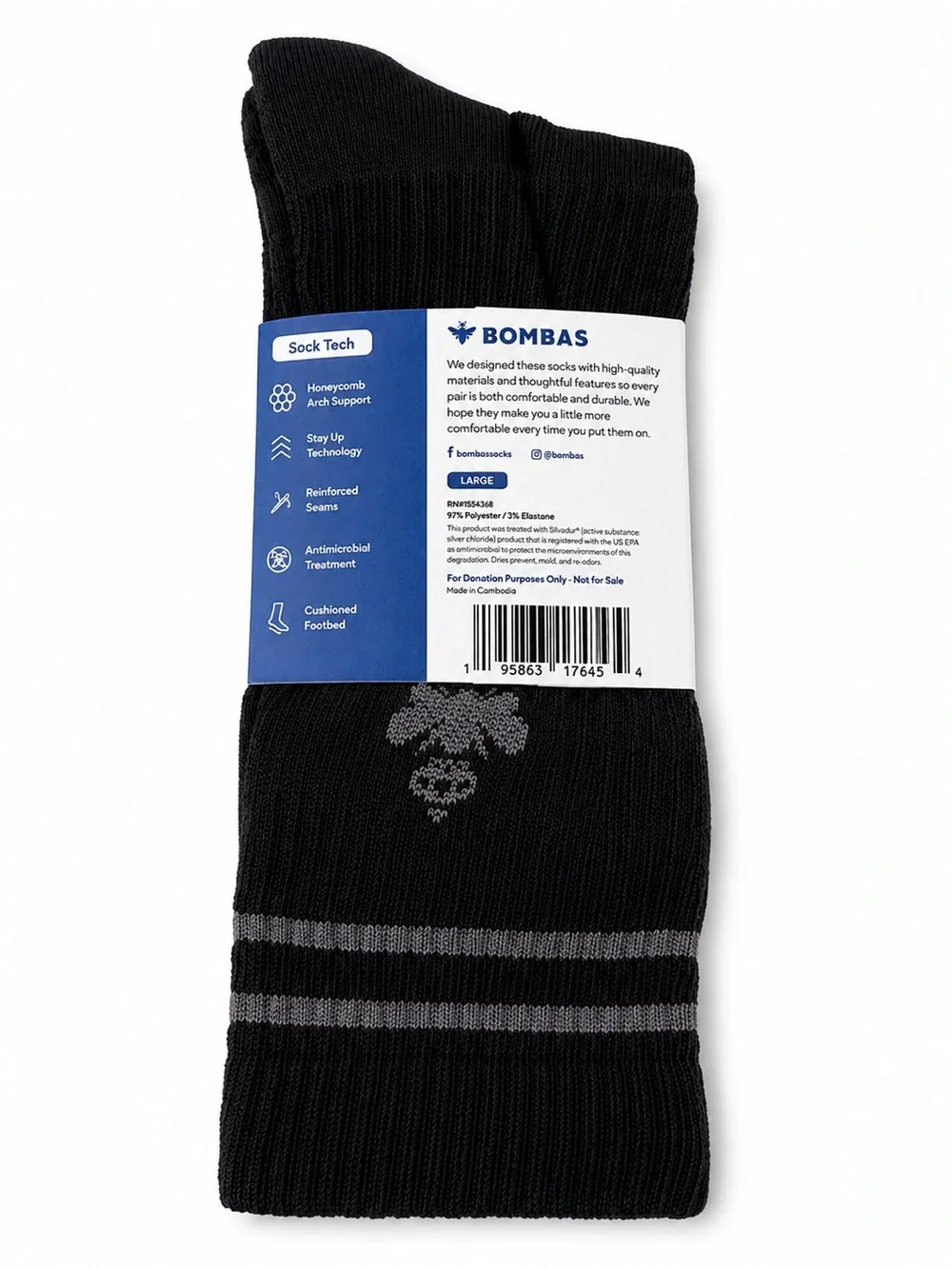 Bombas Men's Black Athletic Half Calf Socks with Gray Stripes